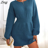 PETAL Honeycomb Knit Brown Sweater Dress Woman Casual Long Sleeve Long Sweater Dress 2023 Autumn Winter Pullovers