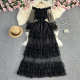 Zingj Super Fairy One Word Shoulder To Shoulder Waist Show Thin A Word Flounce Cake Gauze Dress Elegant