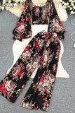 Women Floral Printed Two Piece Set Sexy Square Collar Lantern Sleeve Short Tops + Wide Leg Pants Suit Vacation Beach