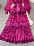 Autumn Women Lace Long Dress Vintage Round Neck Lantern Sleeve High Waist Cascading Ruffle Pleated Party Maxi