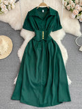 Vintage Women Midi Dress Elegant Pink/Orange/Green Polo Collar Short Sleeve High Waist A-Line Vestidos Female New
