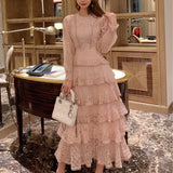 Layer Ruffles Lace Maxi Dress Runway Summer Women White Floral Embroidery Long Dress Hollow Out Cake Party Dress 211-1-Outfit
