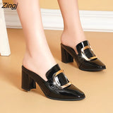 Pointy, Chunky Muller Heels Metal Decoration Women's Shoes Black White High Heel Stylish Patent Leather