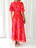 Fashion Print Bubble Sleeve Deep V-Neck Open Fork Sexy Lady Long