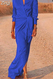 Ladies High Waist Split Mopping Dress Long Sleeve Lapel Dress Women Vintage Skirt Sexy Party Dress Elegant High