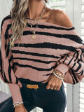 Autumn And Winter Sweater Women Loose Knitted Zebra Pattern One-Word Shoulder Bat Sleeve