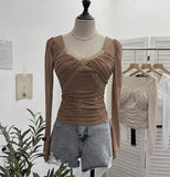 Pure-Want Wind Belt Chest Mat Lace Splicing Mesh Yarn Long-Sleeved T-Shirt Short Slim Top