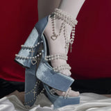 Y2k Millennial Spice Girls Lolita Pearl Size 47 Watertop Coarse High Heeled Women's