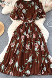 Bohemian Women Floral Print Pleated Midi Dress Elegant Round Neck Puff Sleeve High Waist A-Line Draped Beach Vestidos