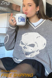 Skulls Blue Knitted Sweaters for Women Fashion Winter Tops Oversized Jumper V Neck Long Sleeve Pullovers Halloween