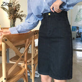 Women A-Line Knee-length Hot Sale Button Fly High Waist Denim Vintage Elegant Lady Students Casual Fashion Simple