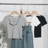 Explosion Recommended Spice Girls Shoulder Short Sleeve T-Shirt Girl Summer Body Tight Short Buckle Buckle Coat