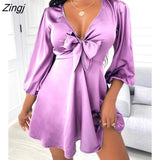 Women's Mini Satin Puff Sleeve Plunge Tie Front Dress Solid Bow Summer Spring Party Casual Chic Sexy V Neck