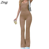 Women's Summer Skinny Jumpsuit Sleeveless Square Neck Solid Color Backless Long Romper