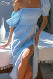 Dress Women Puff Short Sleeve Solid Pink Slash Neck Split Sexy Long Dress Casual Elegant Beach Vestidos