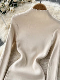 Winter Women Black/Red/Beige Mesh Patchwork Knitted Dress Vintage Long Sleeve High Waist Mermaid Vestidos Female