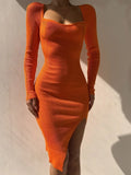 Knit Knee Length Dresses For Women Sexy Square Collar Elegant Long Sleeve Bodycon Side Split Chic Fall Fashion