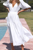 Women's Dress 2023 White Puff Sleeve A-line Deep V Neck Dress Sexy Beige Casual Long Vintage Elegant Black Midi