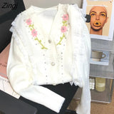 Floral Embroidery Knittsd Cardigan Women Autumn Sweet Fashion Sweater Coat Korean Preppy Style Lolita Lace Sweater