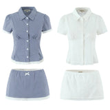 Women's Clothing 2025 Summer Splicing Lace Check-Shirt + Short Skirt Suit Women