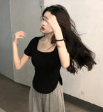 Zingj 2024 New Pure Desire Wind Big U-Collar Hot Girl Top Show Slim Slim Irregular Short-Sleeved T-Shirt Female