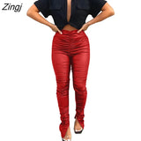 Women PU Leather Leggings Flared Pants Black Red Leather Pencil Pants Women High Waist Sexy Skinny Leather Trousers