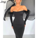 Sexy Off Shoulder Feather Sleeve Women Dress Black Backless Long Sleeve Elegant Dress Women Summer Skinny Party