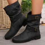 The Autumn And Winter Of 2025, The Belt Buckle Round Head Thick Bottom Mid-Sleet Boots Women Flat Bottom Low Heel