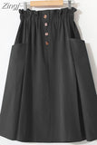 Women Summer Skirt Spring Korean Style Casual Solid High Waist A-Line Midi Skirts With Pocket Girls Elegant