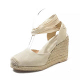 Summer New Large-Size Slopes And Women's Sandals Thick-Soled Buns Heel Heel Heel Tie Cloth Hemp Rope Sandals