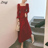 Women A-line Sequins Puff Sleeve Female Autumn Square Collar Popular Casual Stylish Mid-calf Korean Style Party