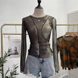 Sun Dyed Elastic Mesh Yarn T-Shirt Stacked With Long-Sleeved Top Press Line T-Shirt