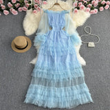 Zingj Super Fairy One Word Shoulder To Shoulder Waist Show Thin A Word Flounce Cake Gauze Dress Elegant