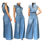 Zingj Women's New Casual Wash Sleeveless Jeans Joined Wide-Leg