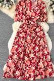 Women Floral Long Dress Elegant Square Collar Short Sleeve High Waist A-Line Casual Vestidos Female Robe New Fashion