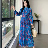 Women's Autumn Dress French Bubble Sleeves Long Heavy Industry Pressure Folds High-Grade Chiffon Floral Fall-In-Action