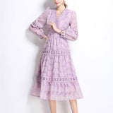 Court Wind Shattered Flower Lantern Sleeve Dress Women's Spring New Hollow Hook Flower V Collar Light Luxury Temperament Long