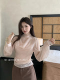 Xixi 2025 Autumn White Standard Korean Version Of Elegant Temperament Around The Neck Thin Chiffon Plus Velvet Coat
