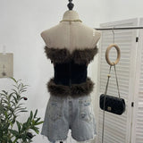 Leather Bra Waist Waist Coat Hair Spliced Pu Leather Slings To Collect Waist Thin Short Sleeveless Top