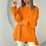 Hot Loose Long-Sleeved Open-Fork T-Shirt Women's Solid Color 100% Cotton Top Spring And Summer Women's