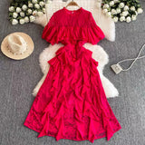 Women's Summer Design Sensing Splicing Round Collar Horn Sleeves To Close The Waist Thin Lace Lotus Side
