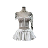 Spring Pop Pure Hot Girl Street Lace Lace Shoulder Clothes + Bows Solid Half Dress