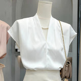 Zingj Sense Of Satin Acetic Acid Shirt Female Design Sense Niche V-Neck Solid Color French Small Flying Sleeve Summer Top