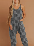 Women's Check-Print Leisure Large Pocket Jumpsuit Wish Loose