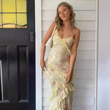 Women's New Slingless Sleeveless Dress V-Necked Lotus Side-Louned Long