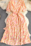 Green/Yellow/Red Printed Midi Dress Vintage V-Neck Short Sleeve High Waist A-Line Casual Vestidos Elegant Female