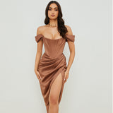 Zingj Women's Shoulder Strapless Fishbone Slim Slit Solid Color Fashion Sexy