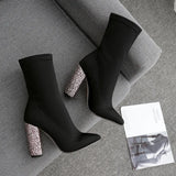 Zingj Net Red Model Elastic Cloth Thick With High Heel Women's Boots 259-4 Have To Do 40 Yards Spot-Outfit