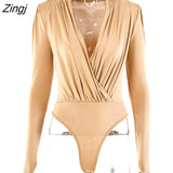 V Neck Brown Bodysuit Women Autumn Long Sleeve Top Bodies Sexy 2023 Female Overalls Casual Bodycon