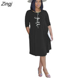 Faith Letter Print Dresses For Women Pocket O-neck Three Quarter Sleeve Dress 2023 Female Summer Autumn